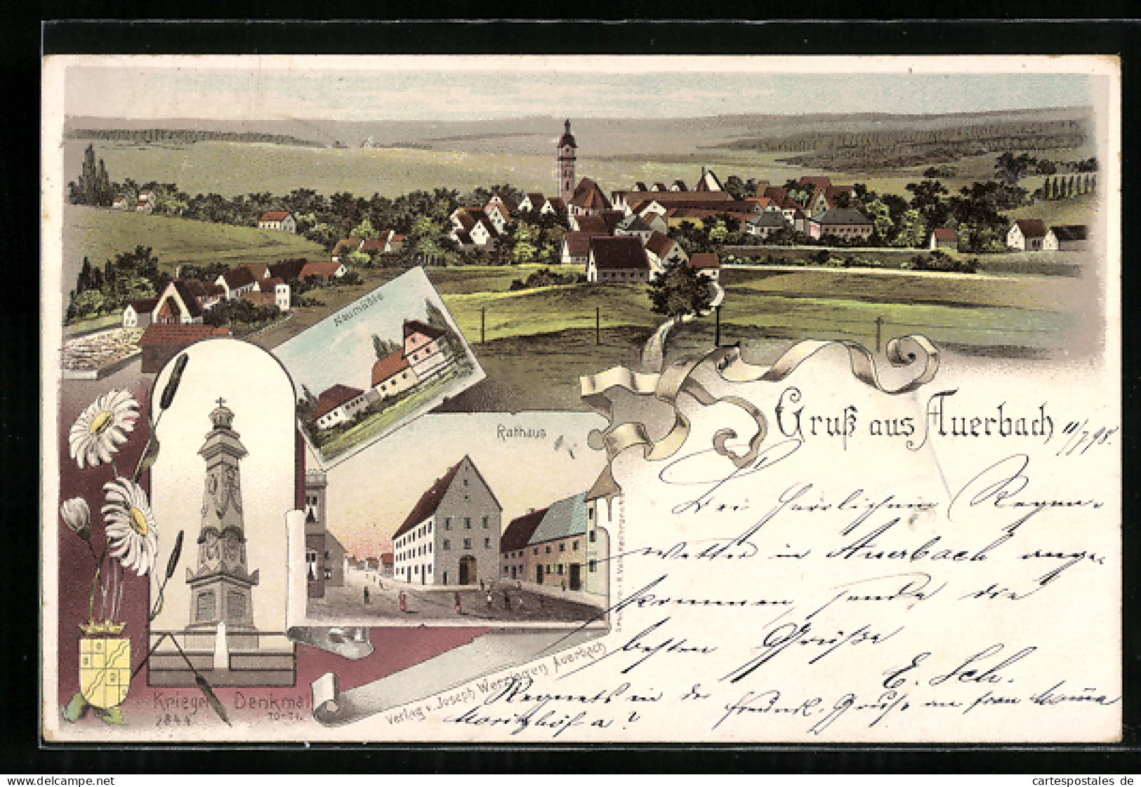 Lithographie Auerbach, Kriegerdenkmal, Neumühle, Rathaus, Ortsansicht  - Auerbach
