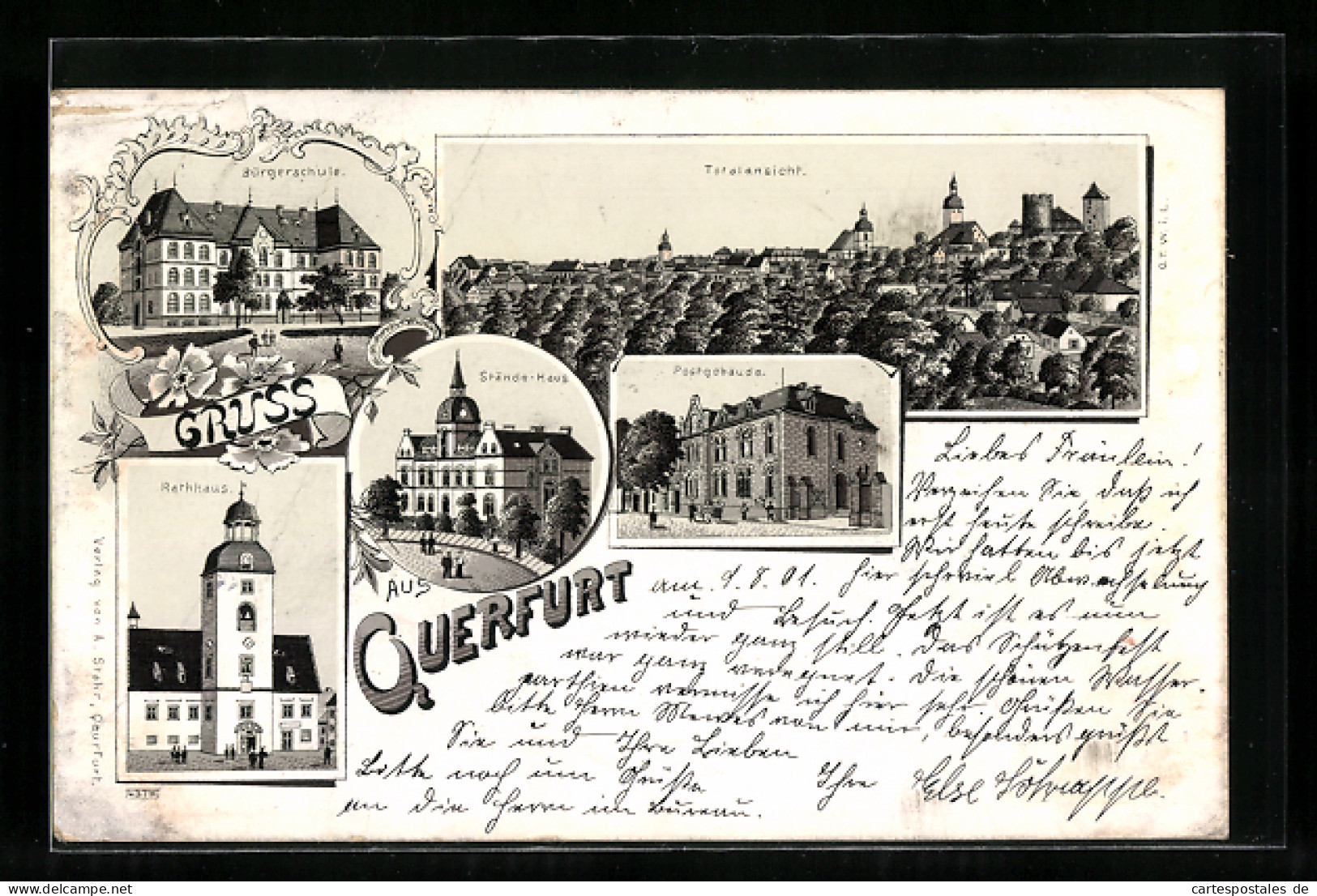 Lithographie Querfurt, Bürgerschule, Stände-Haus, Rathhaus, Postgebäude, Totalansicht Aus Der Vogelschau  - Querfurt