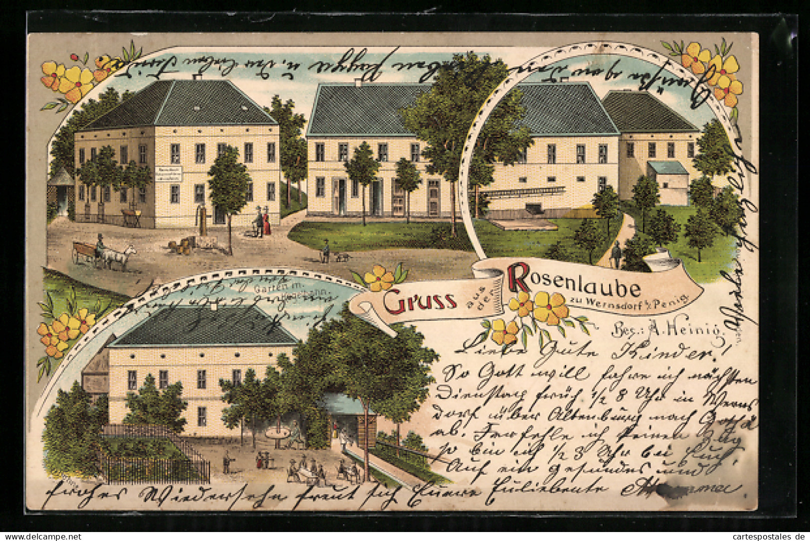 Lithographie Wernsdorf B. Penig, Gasthaus Rosenlaube, Garten M. Kegelbahn Und Strassenpartie  - Penig