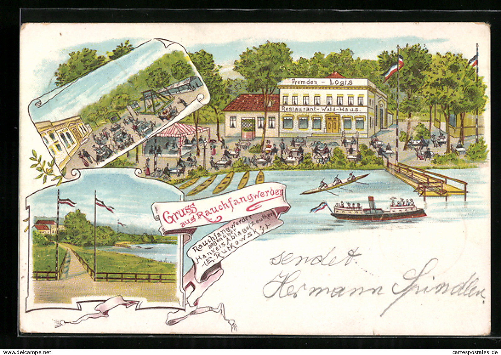 Lithographie Berlin-Rauchfangswerder, Restaurant Und Pension Wald-Haus Vom Wasser Aus Gesehen  - Köpenick