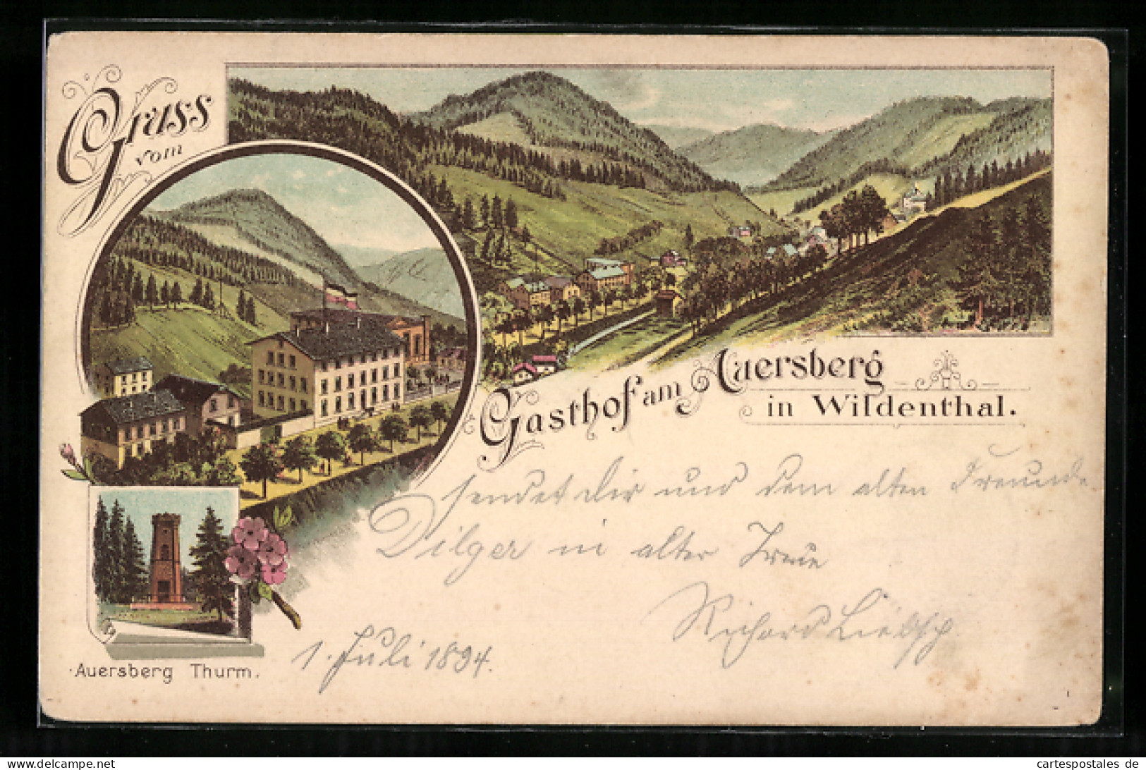 Vorläufer-Lithographie Auersberg I. Wildenthal, 1894, Blick Auf Auersberg Thurm Und Ortsansicht  - Auersberg