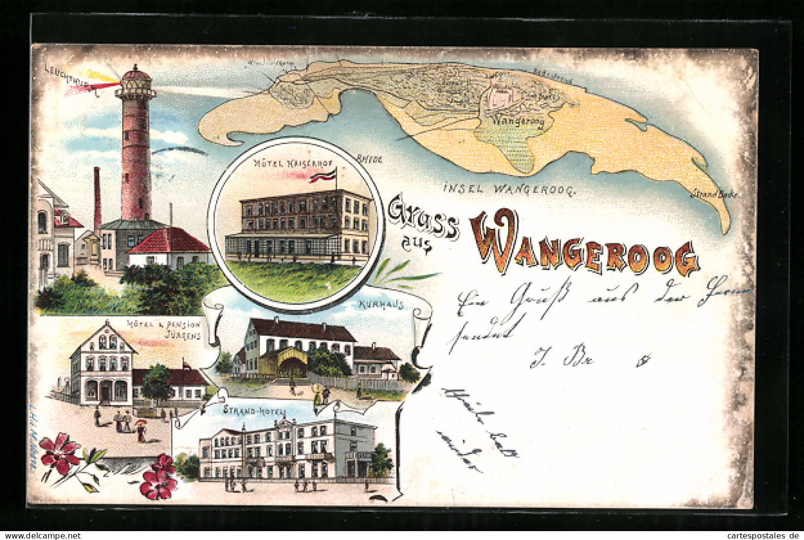 Lithographie Wangeroog, Hotel Kaiserhof, Blick Auf Leuchtturm  - Sonstige & Ohne Zuordnung