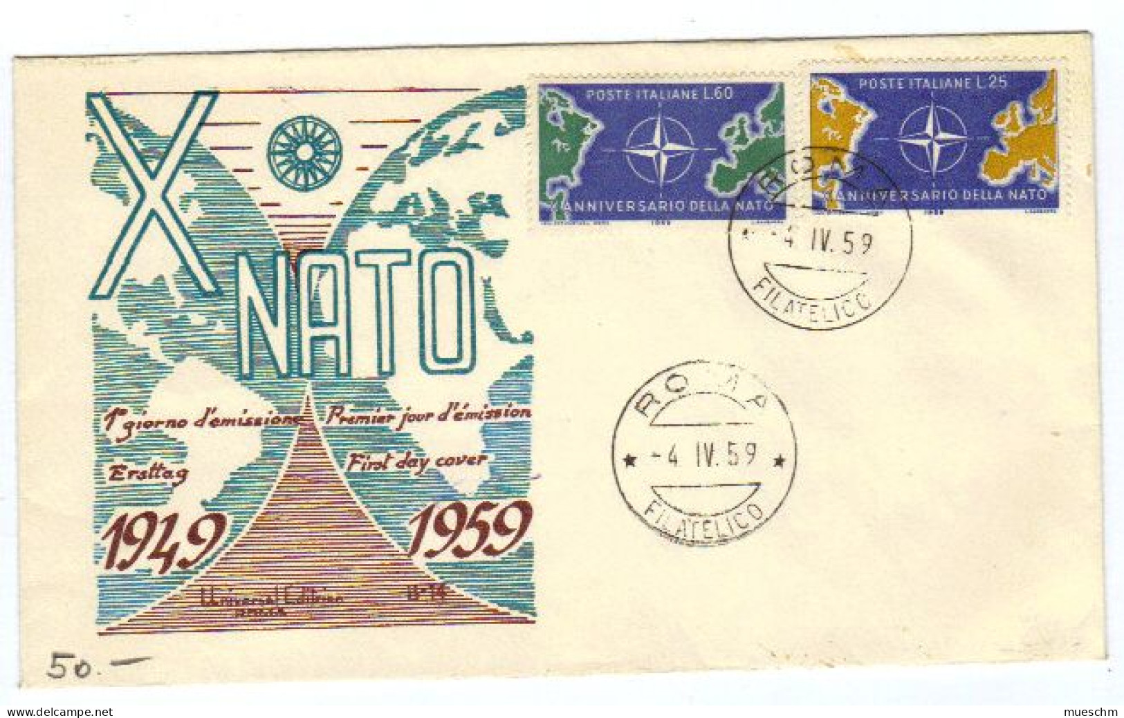 Italien, 1959,Ersttagskuvert "10 Jahre NATO", MiNr.1032+1033 (10474W) - 1946-60: Marcophilie