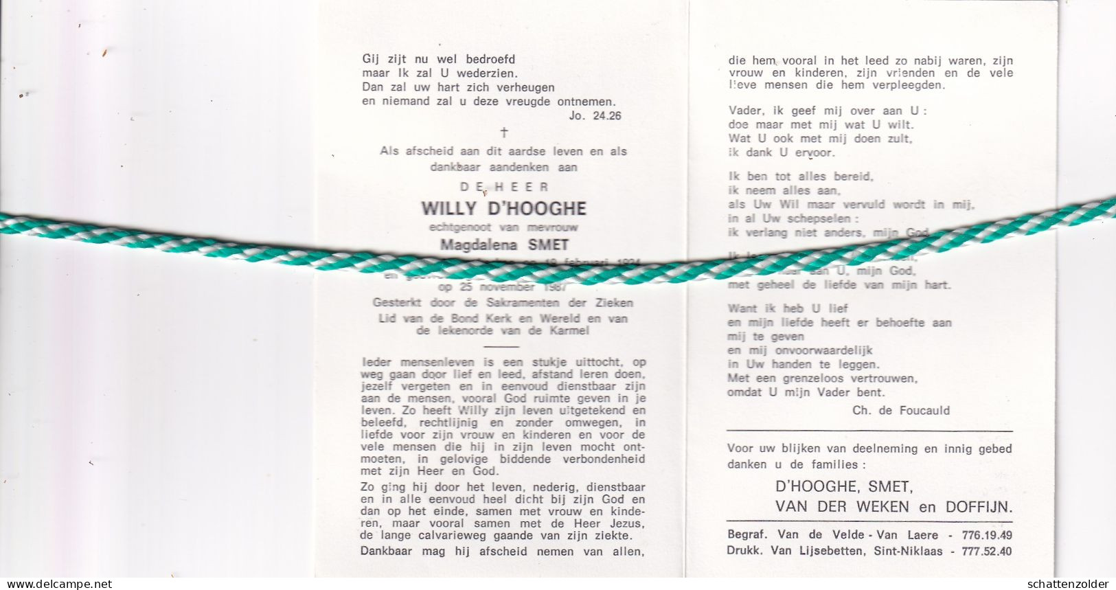 Willy D'Hooghe-Smet, Nieuwkerken 1924, Sint-Gillis 1987. - Todesanzeige