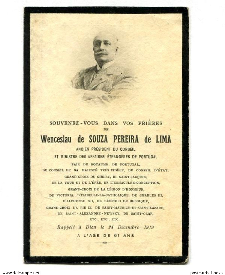 WENCESLAU SOUSA PEREIRA De LIMA. Cartãp Luto Morte Primeiro Ministro, Natural Do PORTO. Decés Memento 1919 Portugal - Images Religieuses