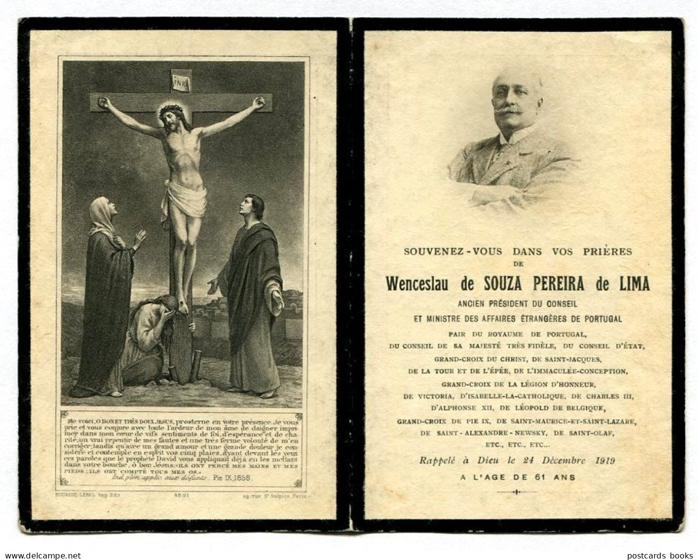WENCESLAU SOUSA PEREIRA De LIMA. Cartãp Luto Morte Primeiro Ministro, Natural Do PORTO. Decés Memento 1919 Portugal - Devotion Images
