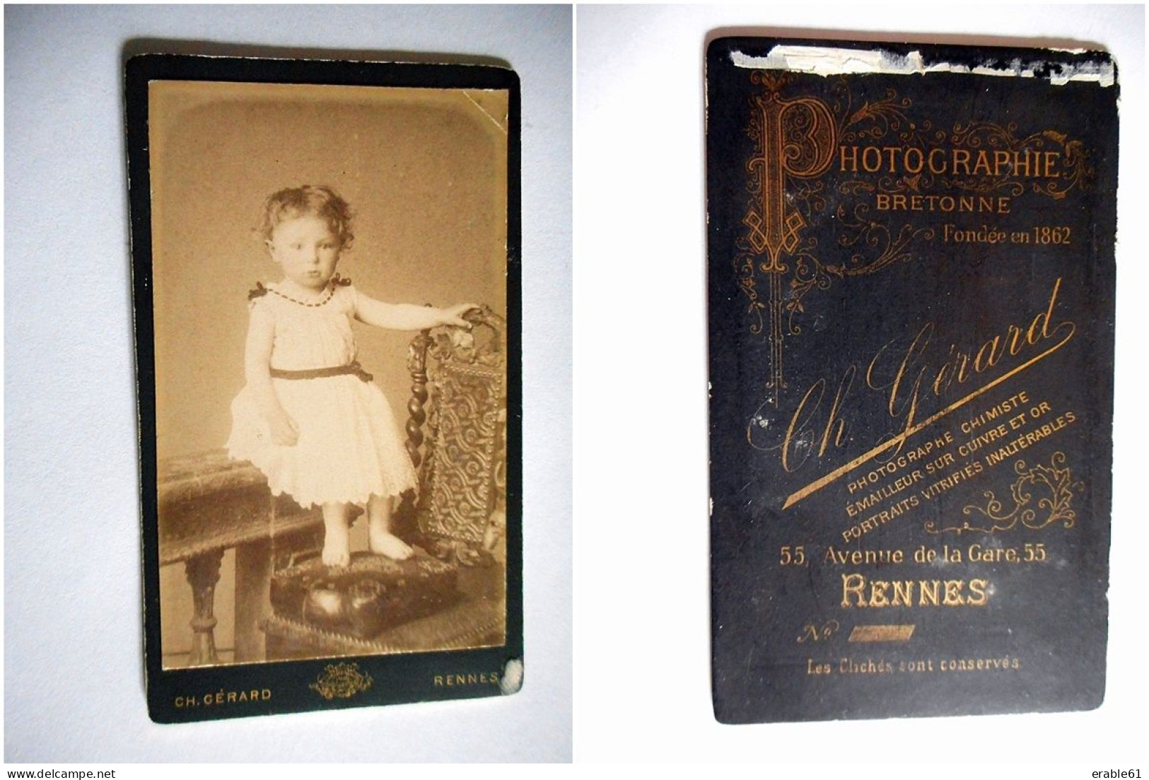 PHOTO CDV ENFANT JEUNE FILLE CHIC  MODE Cabinet GERARD  A RENNES - Anciennes (Av. 1900)