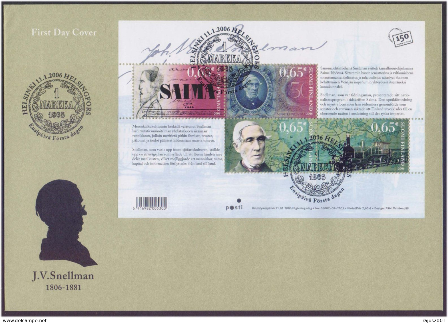 Johan Vilhelm Snellman Influential Fennoman Philosopher, Philosophy, Famous Person, Most Important 'awakeners' MS FDC - Covers & Documents