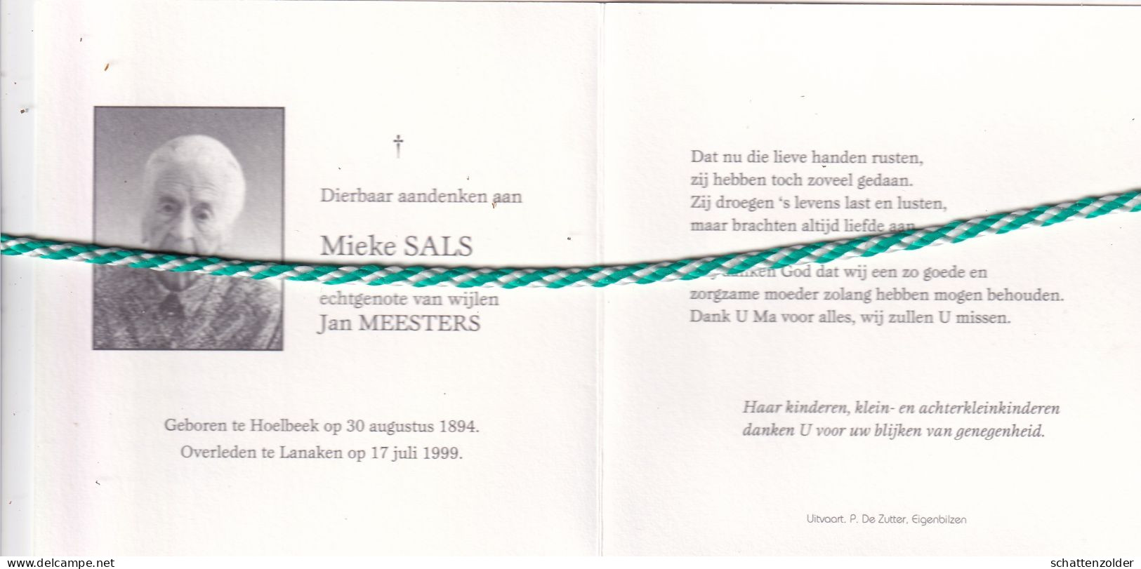 Mieke Sals-Meesters, Hoelbeek 1894, Lanaken 1999. Honderdjarige. Foto - Décès