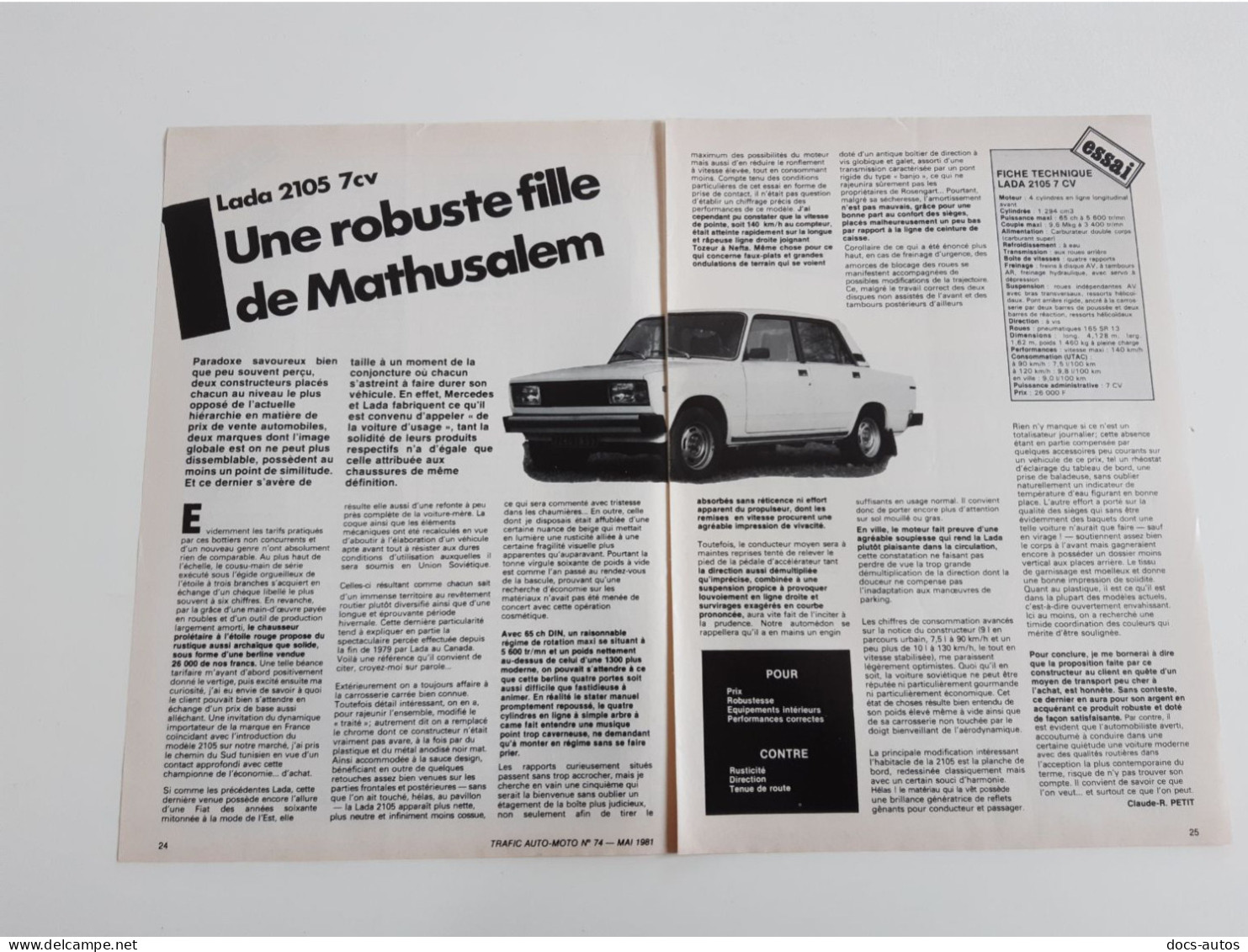 Coupure De Presse Automobile Lada 2105 7cv - Voitures