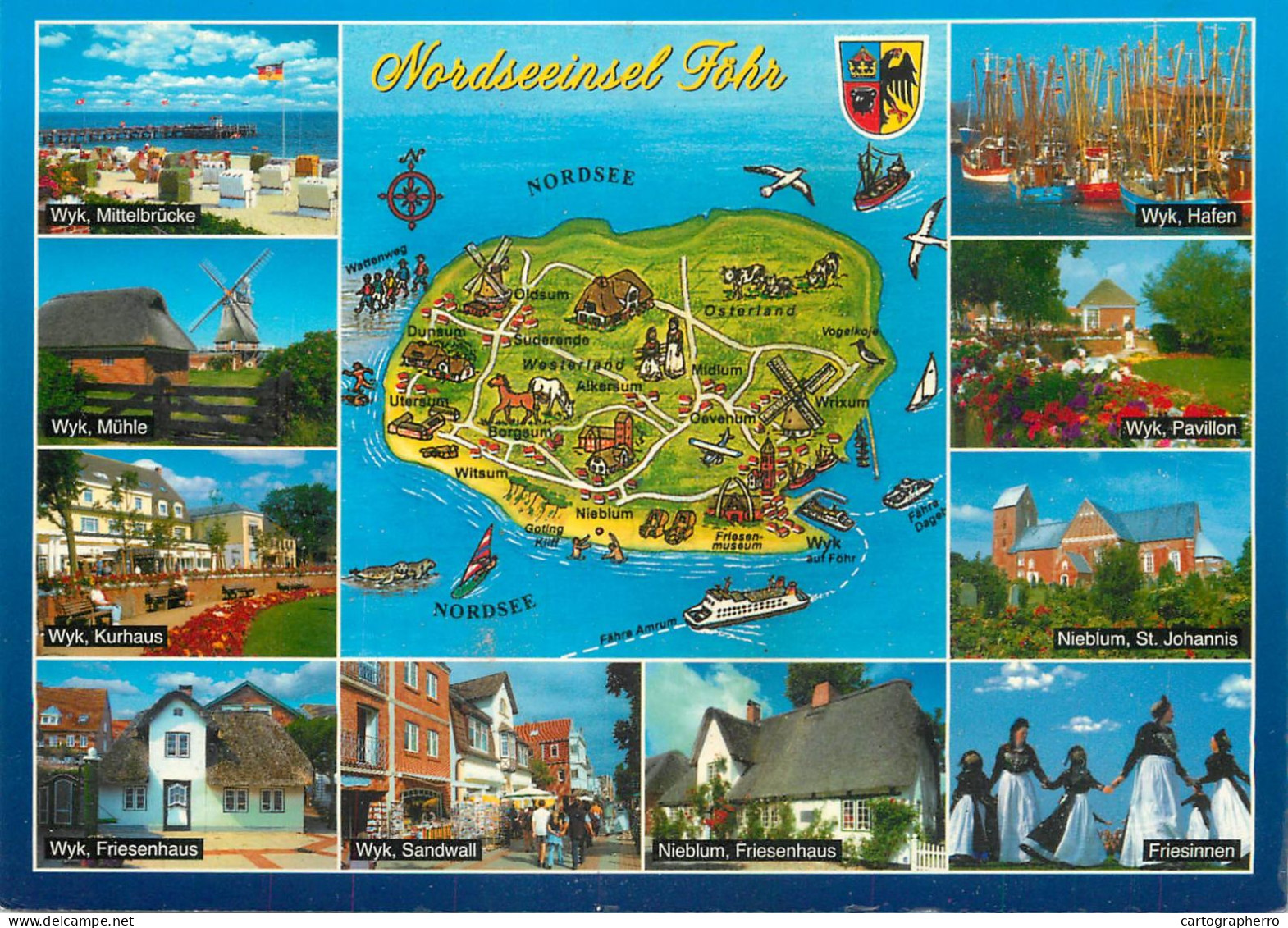 Navigation Sailing Vessels & Boats Themed Postcard Nordseeinsel Fohr Coat Of Arms Fishing Vessel - Sailing Vessels