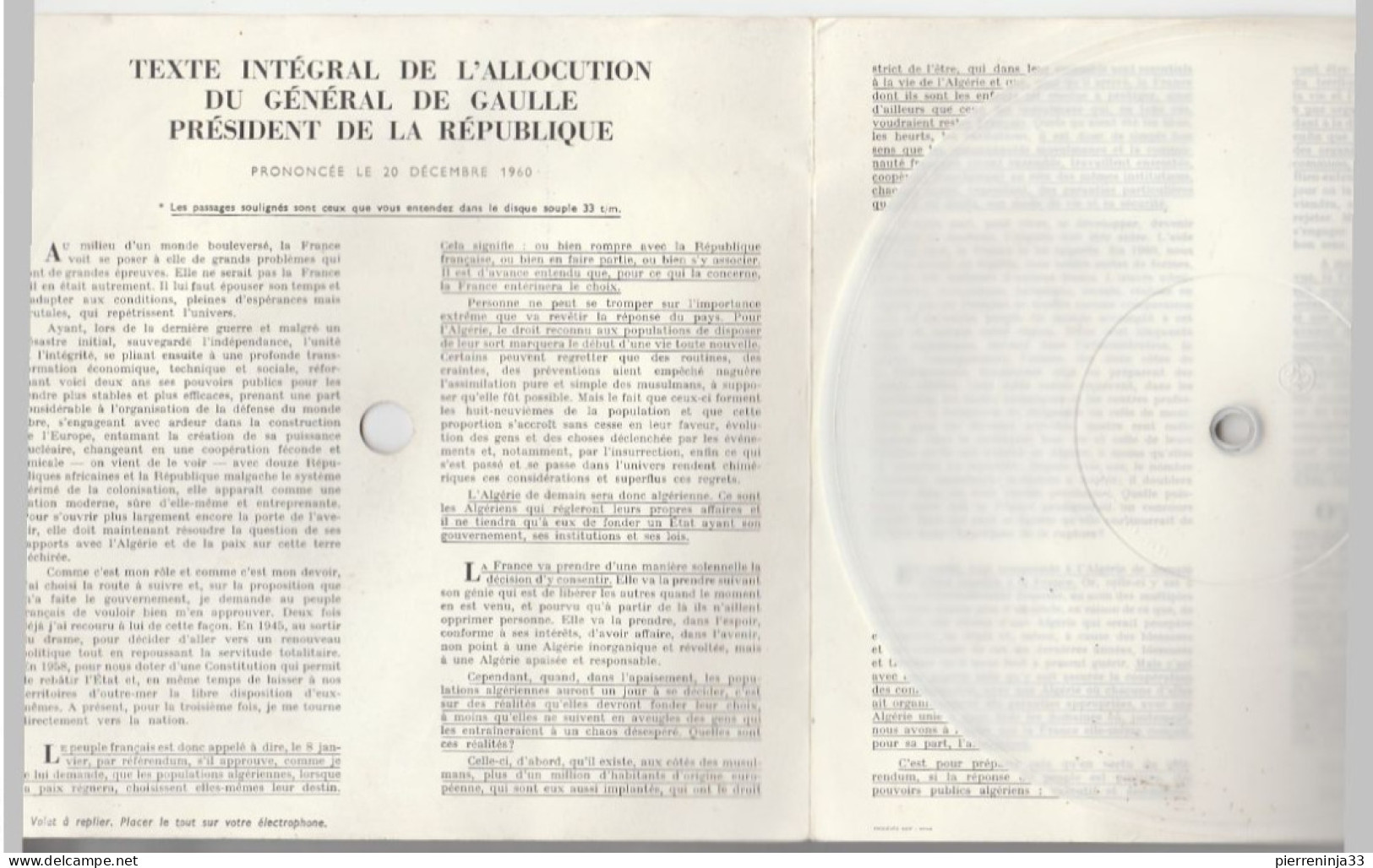 Encart Avec Disque Plastique Du Général De Gaulle Pour Un "OUI" à L'Algérie Et Discours - Historical Documents