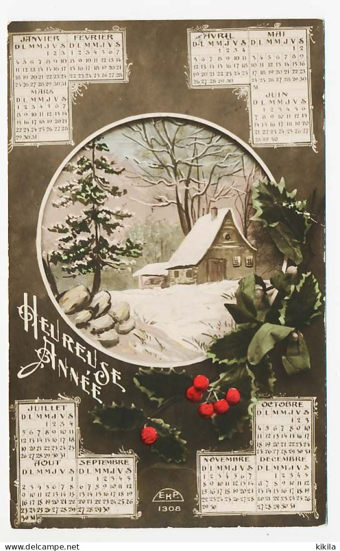 CPA  Calendrier 1914 (1)  Heureuse Année  Maison Neige Forêt Sapin  Houx - Nieuwjaar