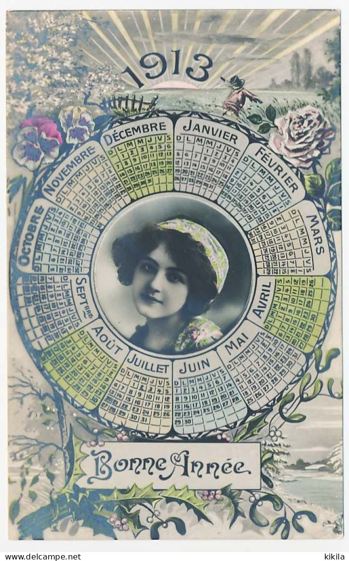 CPA  Calendrier 1913 (3)   Photo Jeune Fille  Bonne Année  Rose Pensée Gui  Houx - Nieuwjaar