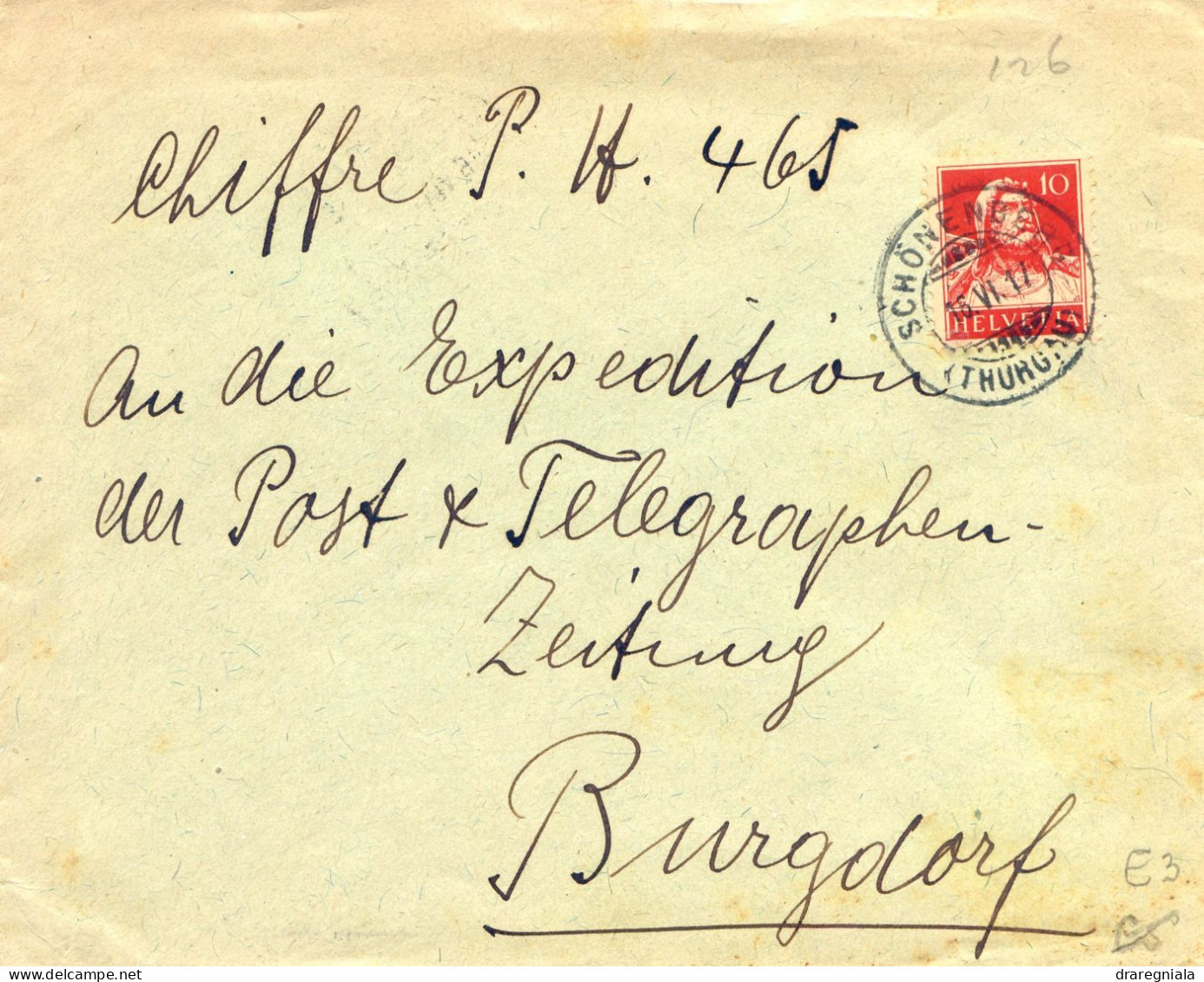 Mail Von Schönenberg 1917 Thurgau - Burgdof - Tellbrustbild 126II - Marcophilie