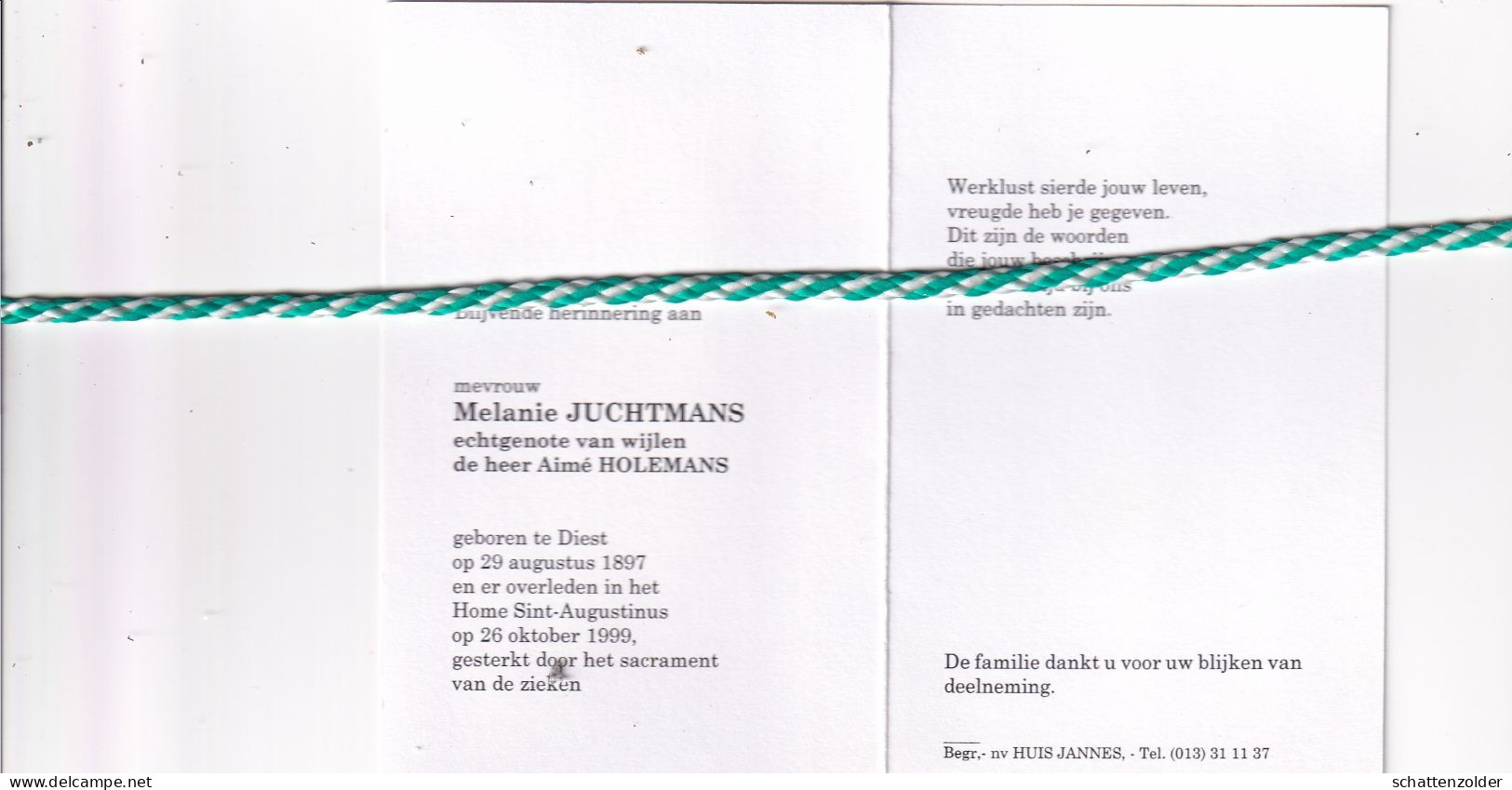 Melanie Juchtmans-Holemans, Diest 1897, 1999. Honderdjarige - Obituary Notices