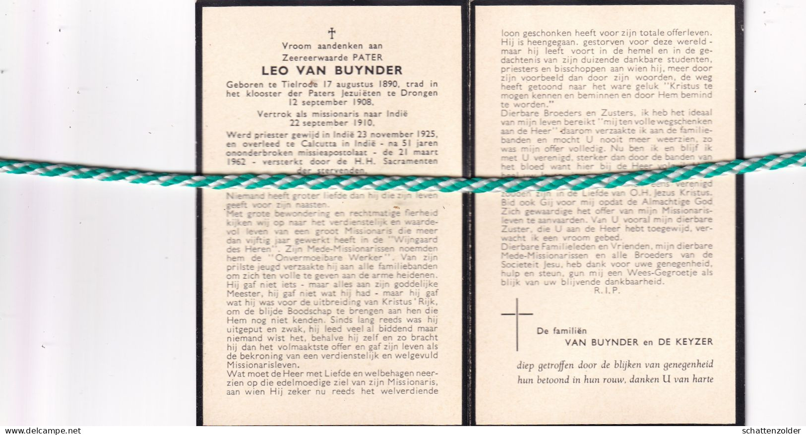 Pater Leo Van Buynder, Tielrode 1890, Calcutta Indië 1962 - Obituary Notices