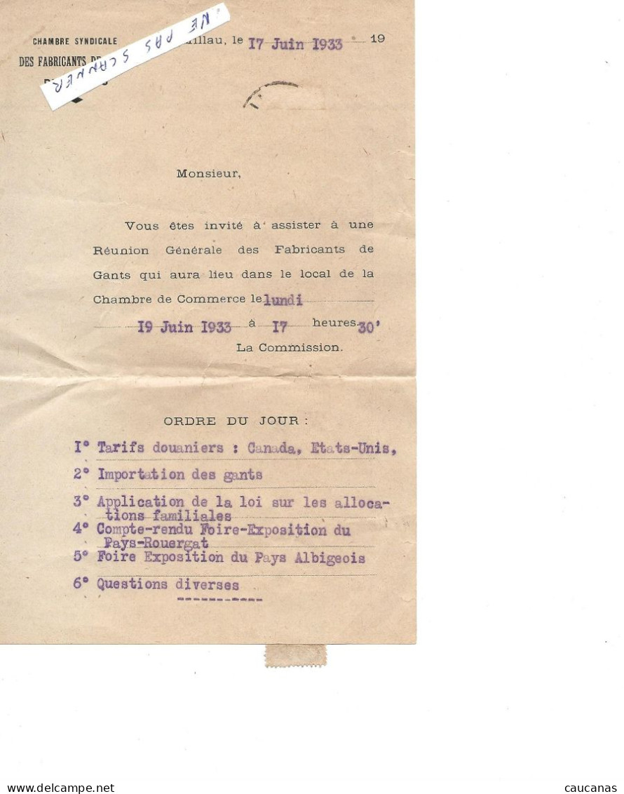 MILLAU  Covocation A Une Réunion Des Fabricants De Gants  1933 - Kleding & Textiel