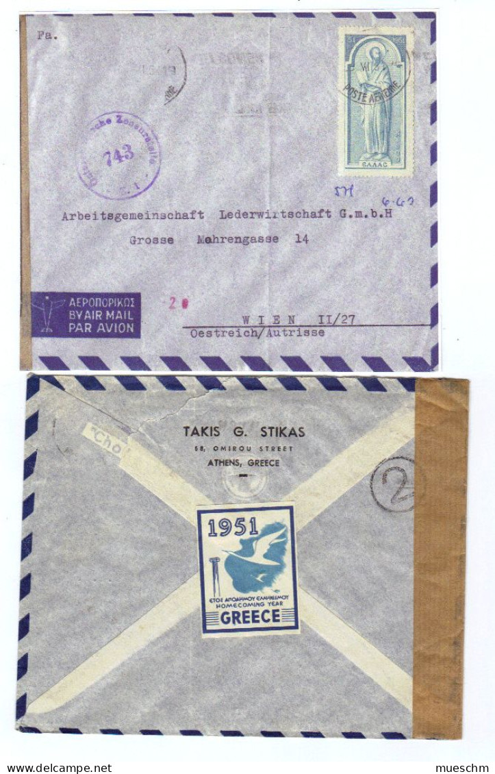 Griechenland, 1951, Aerogramm Frank.mit MiNr.579, Zensurstempel "743" U. Rücks. Vignette "Homecoming Year" (10525W) - Cartas & Documentos