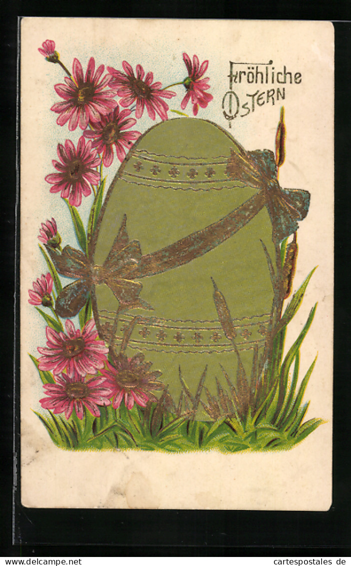 AK Riesiges Osterei Mit Schleife Und Blumen, Fröhliche Ostern  - Ostern