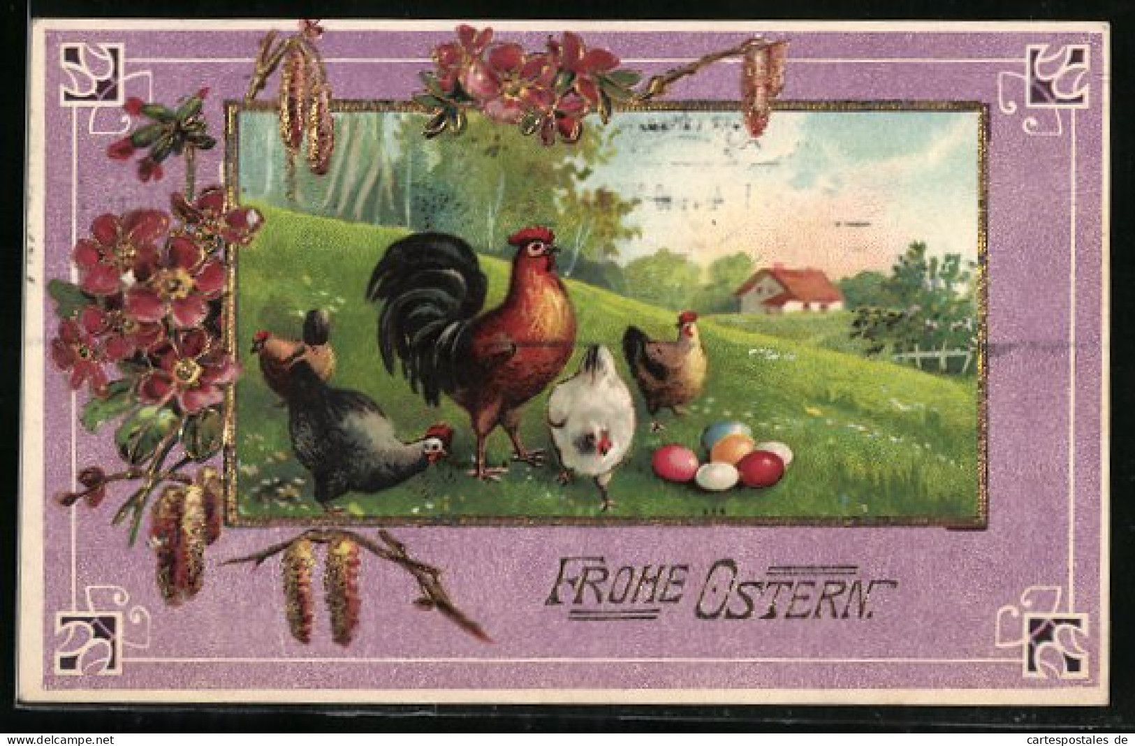 AK Hahn Und Hennen Im Gras Mit Bunten Eiern, Frohe Ostern  - Pasqua