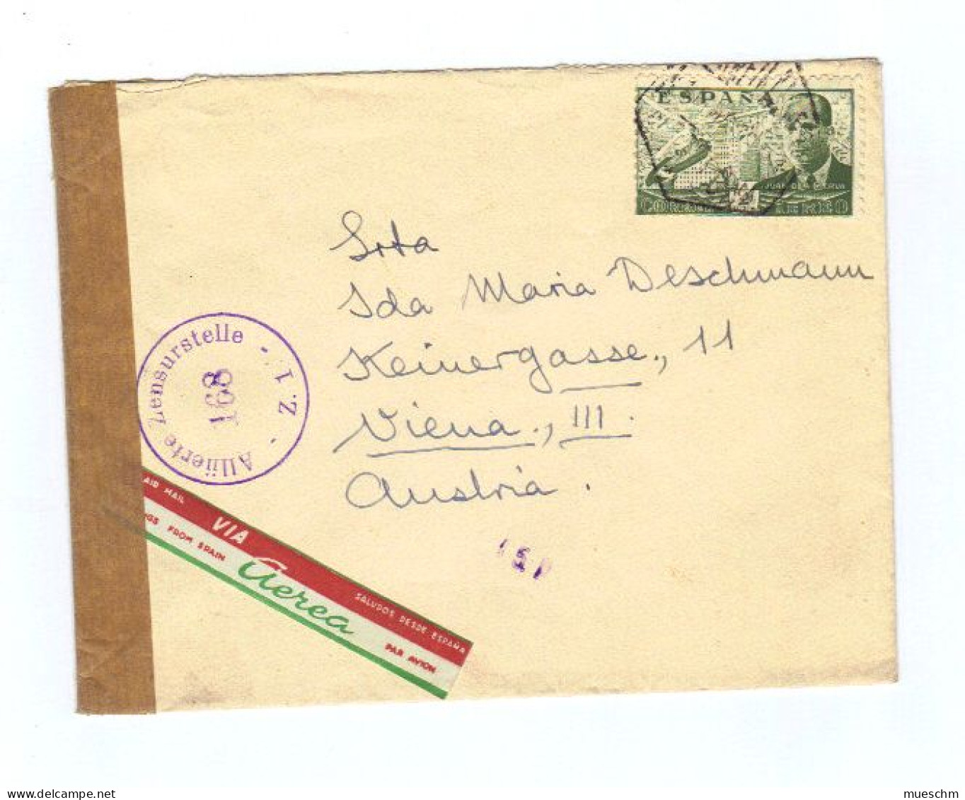 Spanien, 1952, Luftpostbrief M. Zensur Frank.mit MiNr.891 U. Zensurstempel "168" (10530W) - Altri & Non Classificati