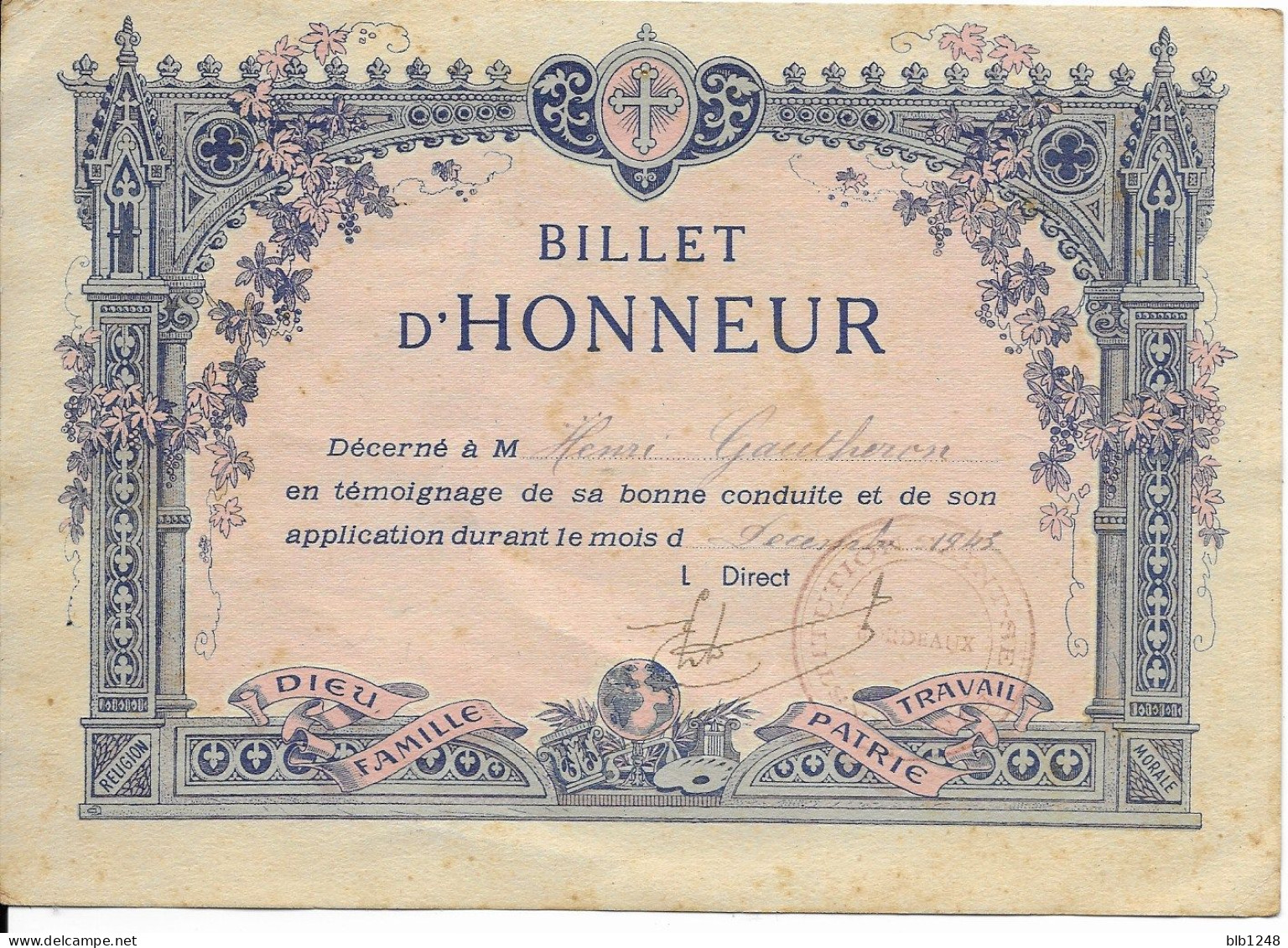 Vieux Papiers > Diplômes & Bulletins Scolaires Billet D 'Honneur Institution Saint Seurin 1945 - Diplômes & Bulletins Scolaires