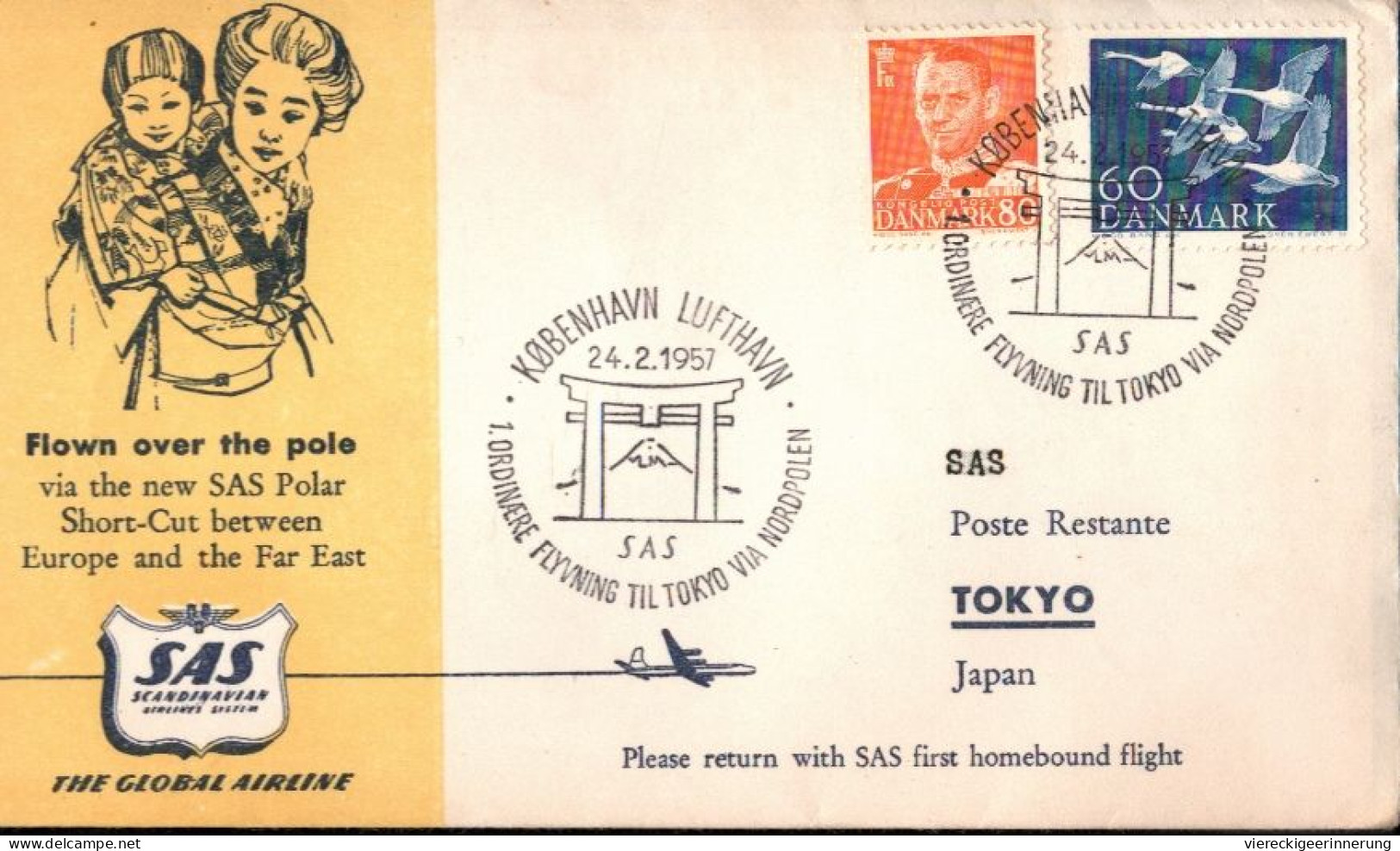 ! SAS First Flight Airmail Cover, 1957, Denmark, Tokyo, Japan Via Nordpol - Airplanes