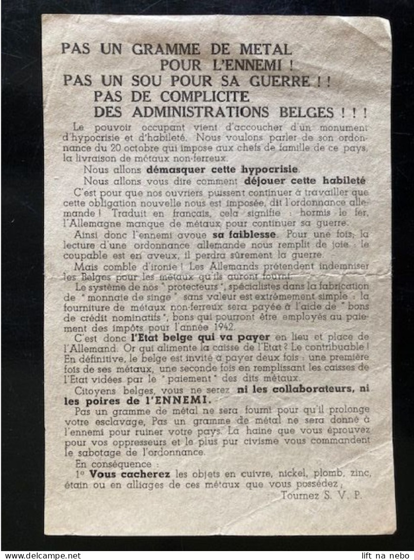 Tract Presse Clandestine Résistance Belge WWII WW2 'Pas Un Gramme De Metal Pour L'ennemi!' - Documentos