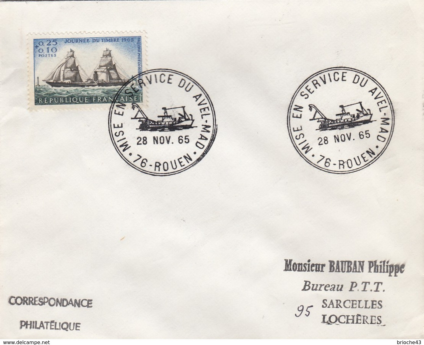 FRANCE - LETTRE JOURNEE TIMBRE 1965   - CACHET ROND MISE EN SERVICE DU AVEL-MAD 28.11.65 ROUEN 76 + VERSO  / 6907 - Covers & Documents