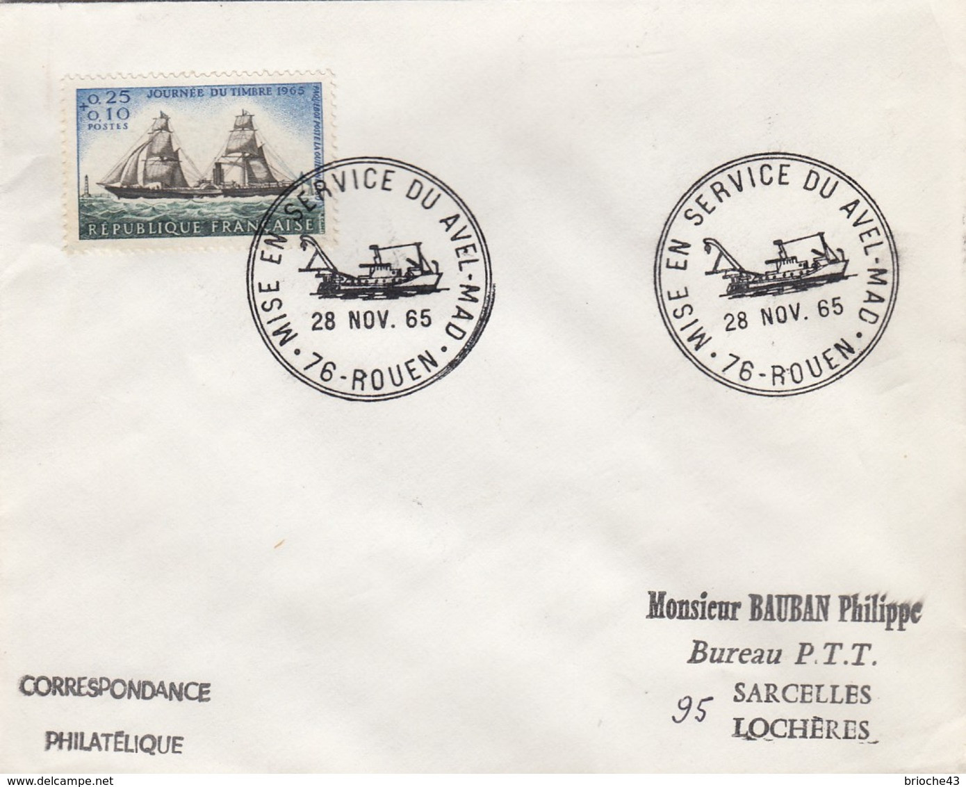 FRANCE - LETTRE JOURNEE TIMBRE 1965   - CACHET ROND MISE EN SERVICE DU AVEL-MAD 28.11.65 ROUEN 76 + VERSO  / 6907 - Brieven En Documenten