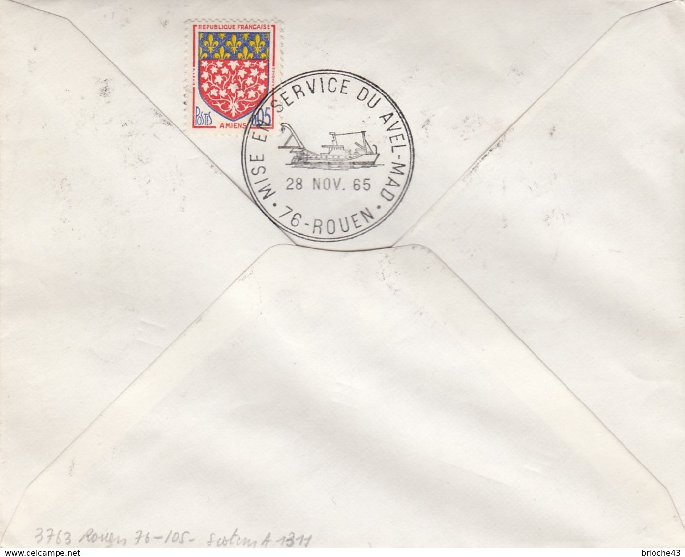 FRANCE - LETTRE JOURNEE TIMBRE 1965   - CACHET ROND MISE EN SERVICE DU AVEL-MAD 28.11.65 ROUEN 76 + VERSO  / 6907 - Covers & Documents