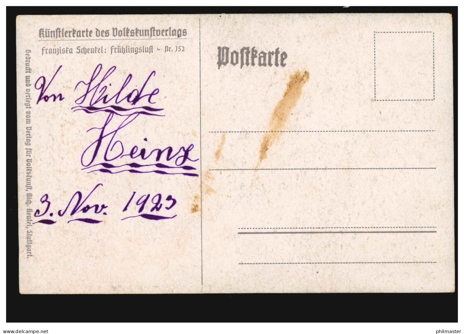 Künstler-AK Franziska Schenkel: Frühlingslust, Beschriftet November 1923 - Ohne Zuordnung