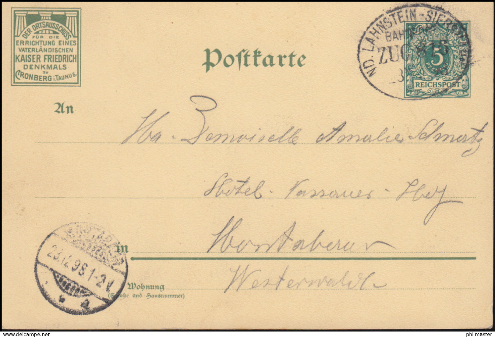 Bahnpost ND.LAHNSTEIN - SIERSHAHN 23.12.1898 Nach MONTABAUR 23.12.98 Auf AK - Altri & Non Classificati