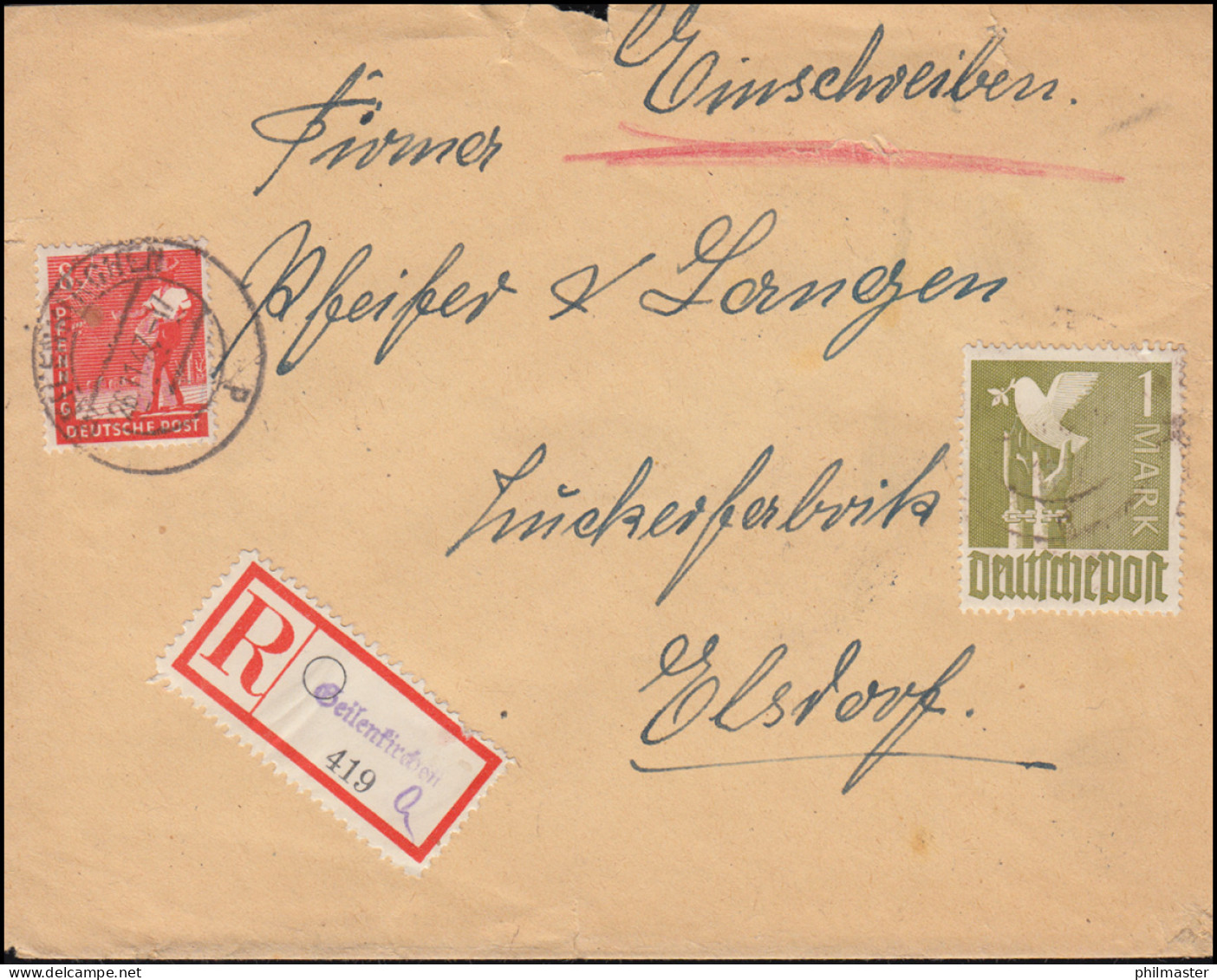 945+959 Kontrollrat II 8 Pf +1 M Auf R-Brief Not-R-Zettel GEILENKIRCHEN 26.11.47 - Covers & Documents