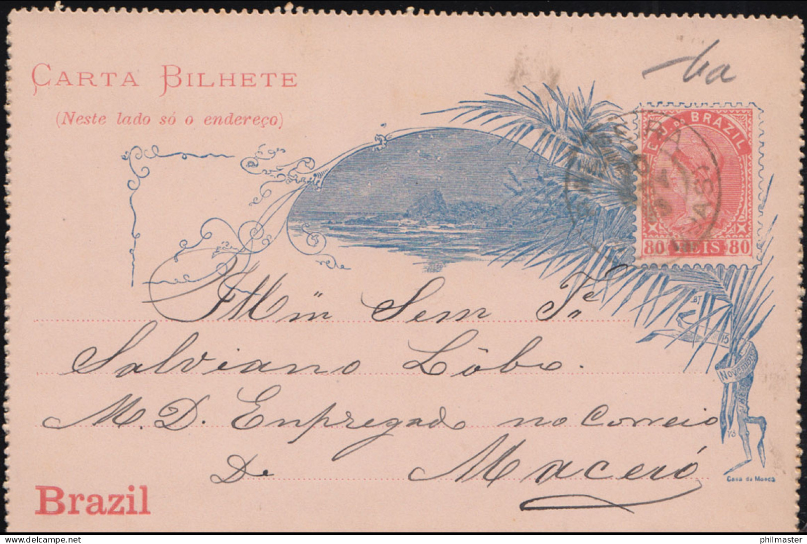 Brasilien Kartenbrief Blau 15.11.1893 Rot Casa De Moeda Aus PALMEIRA 20.11. - Andere & Zonder Classificatie