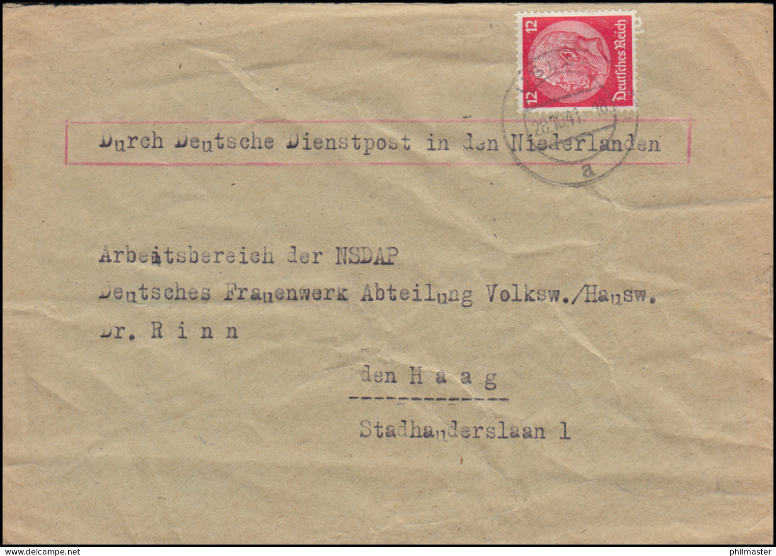Fernbrief Als Deutsche Dienstpost Niederlande USLAR 28.10.1941 Nach Den Haag - Occupation 1938-45