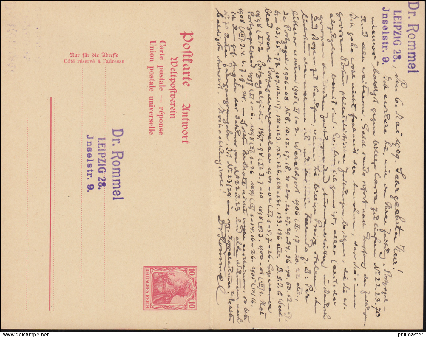 Postkarte P 68Y Germania 10710 P. Ohne Wz. LEIPZIG 13r 6.5.1909 Nach VELP 7.5.09 - Otros & Sin Clasificación