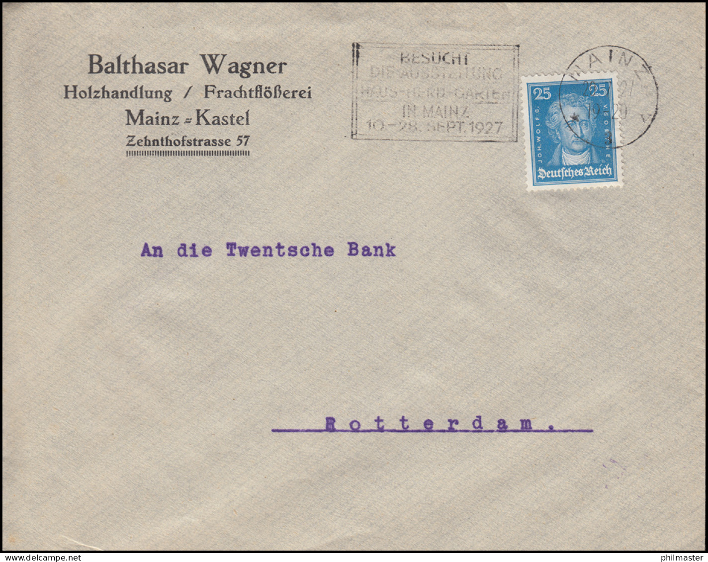 393 Goethe 25 Pf Portogerechte EF Brief MAINZ 20.7.1927 Nach Rotterdeam - Brieven En Documenten