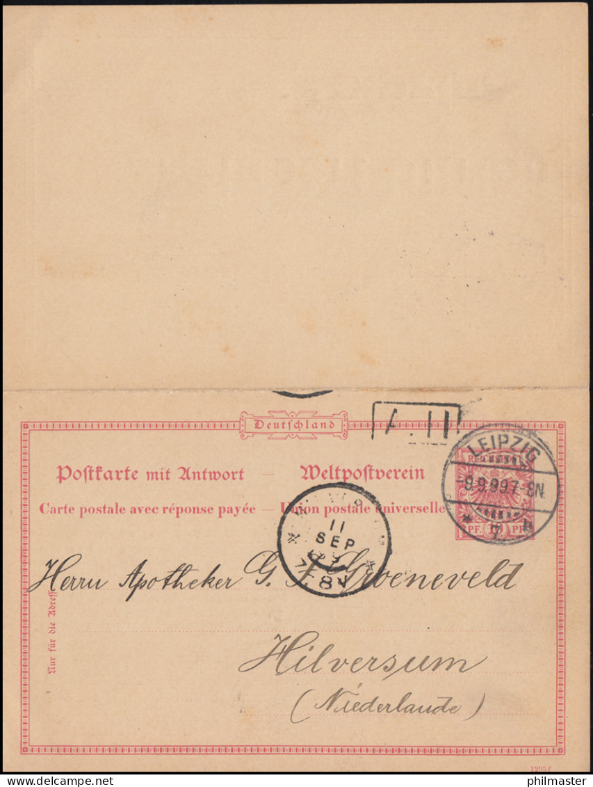 Postkarte P 27/02 Adler 10/10 Pf. Aus LEIPZIG 9.9.1899 Nach HILVERSUM 11.9.99 - Sonstige & Ohne Zuordnung