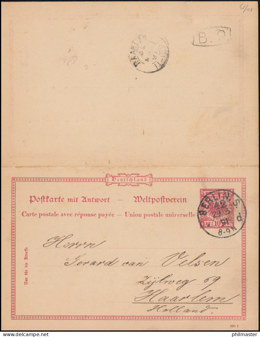Postkarte P 27/01 Adler 10/10 Pf. Aus BERLIN S 42 - 29.3.1891 Nach HAARLEM 30.3. - Otros & Sin Clasificación