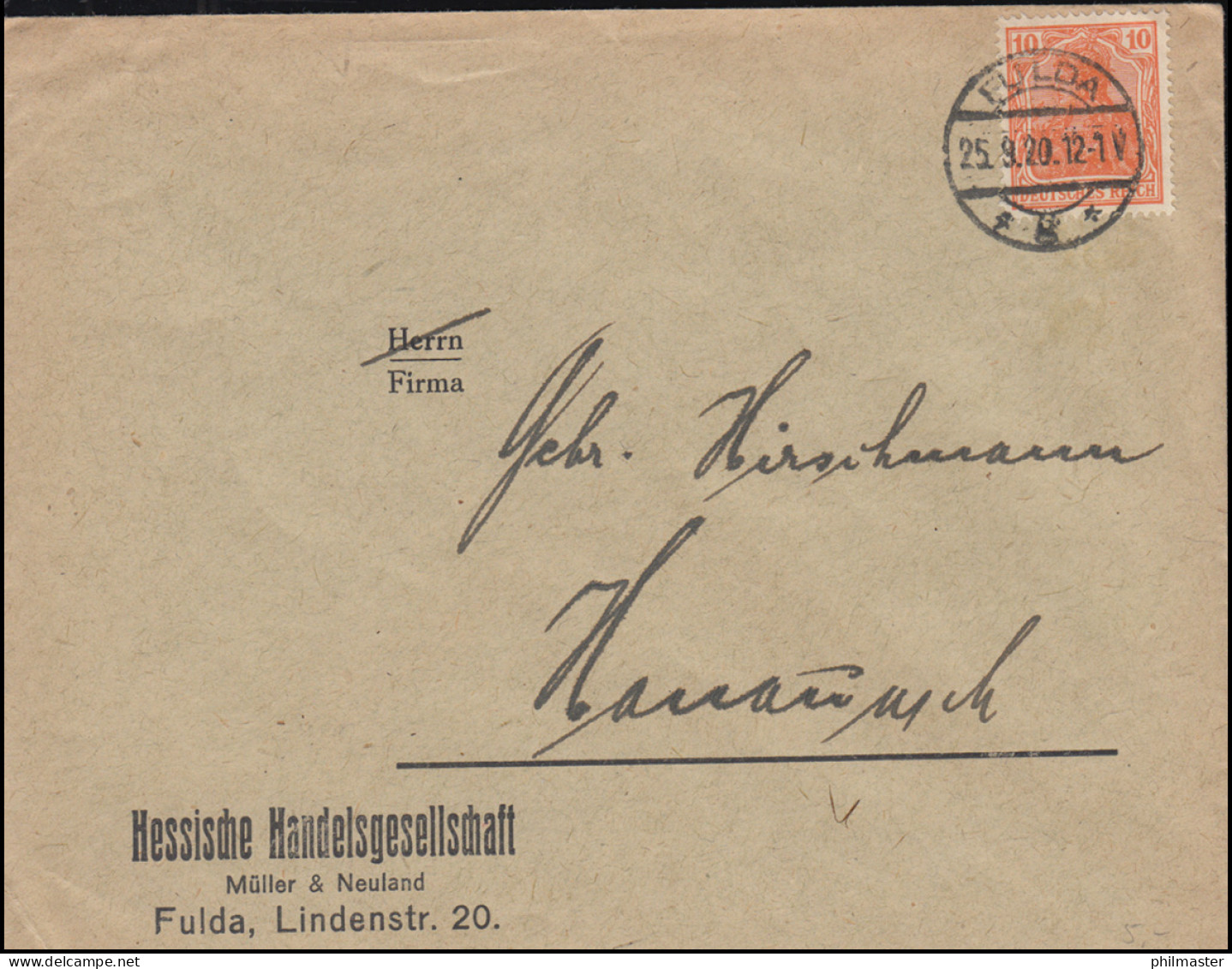 141 Germania 10 Pf Als EF Auf Drucksache FULDA G 25.9.1920 Nach Hanau - Brieven En Documenten