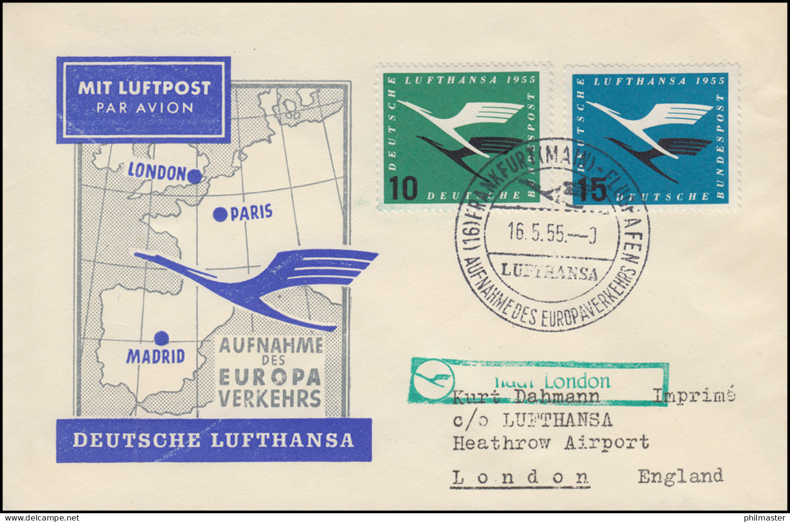 Erstflug Lufthansa Frankfurt/M.-London Schmuck-Brief SSt FRANKFURT/MAIN 16.5.55 - Premiers Vols