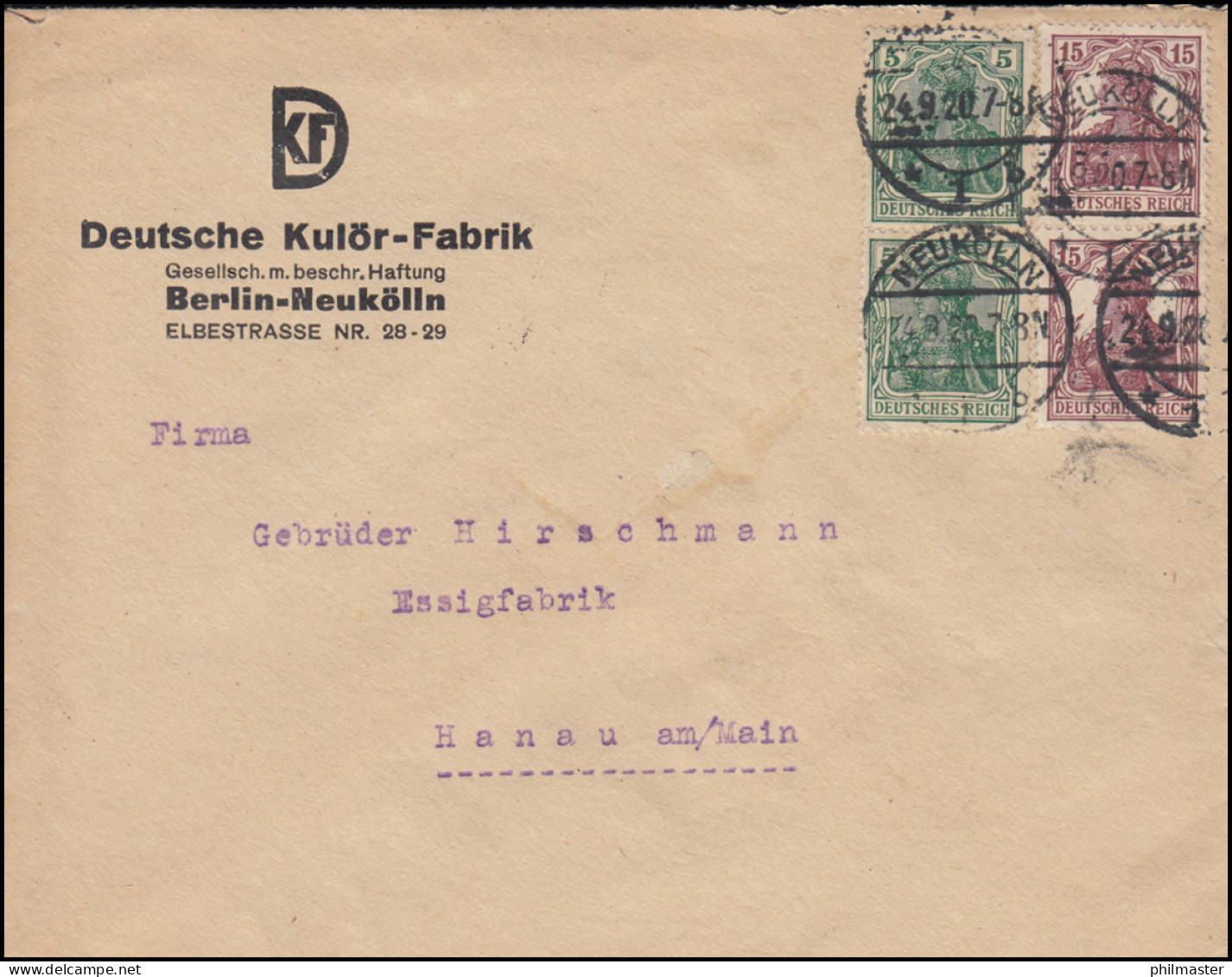 Germania-Mischfrankatur Auf Brief NEUKÖLLN 24.9.1920 Nach Hanau - Brieven En Documenten