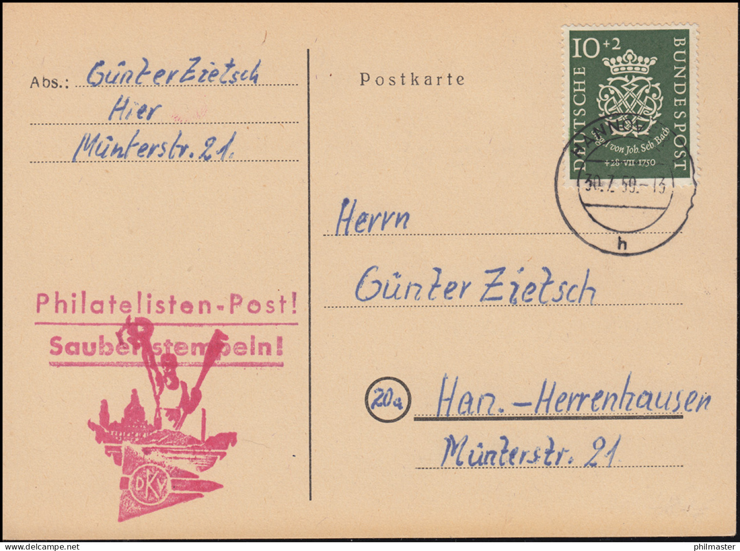 121 Bach 10 Pf Auf Orts-Postkarte HANNOVER 30.7.1950 - Cartas & Documentos