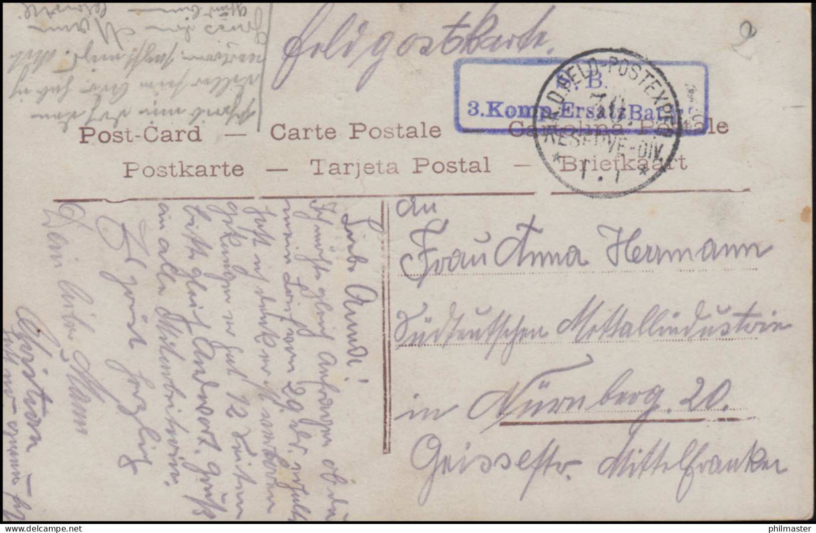 Feldpost BS S.B. 3. Komp. Ersatz-Batl. 30. Reserve-Disvision Am 1.1. Auf AK - Occupation 1914-18