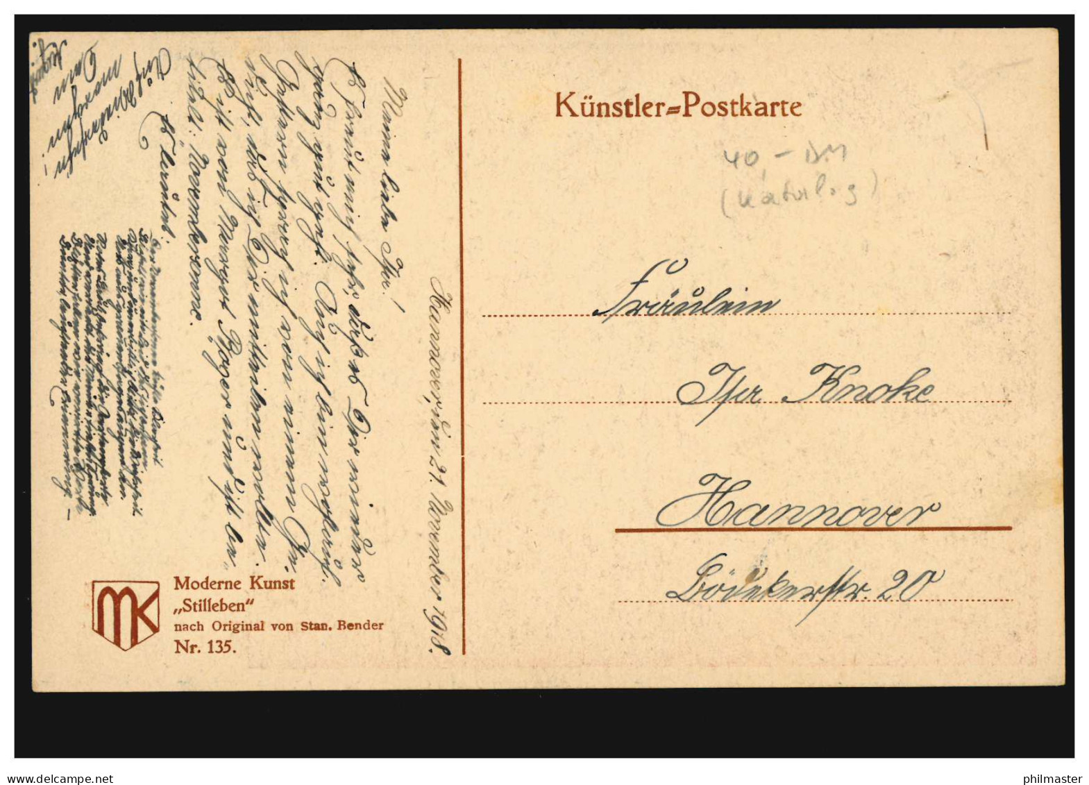Künstler-AK Stan. Bender: Stillleben, Künstler-Postkarte 135, Beschriftet 1918 - Non Classés