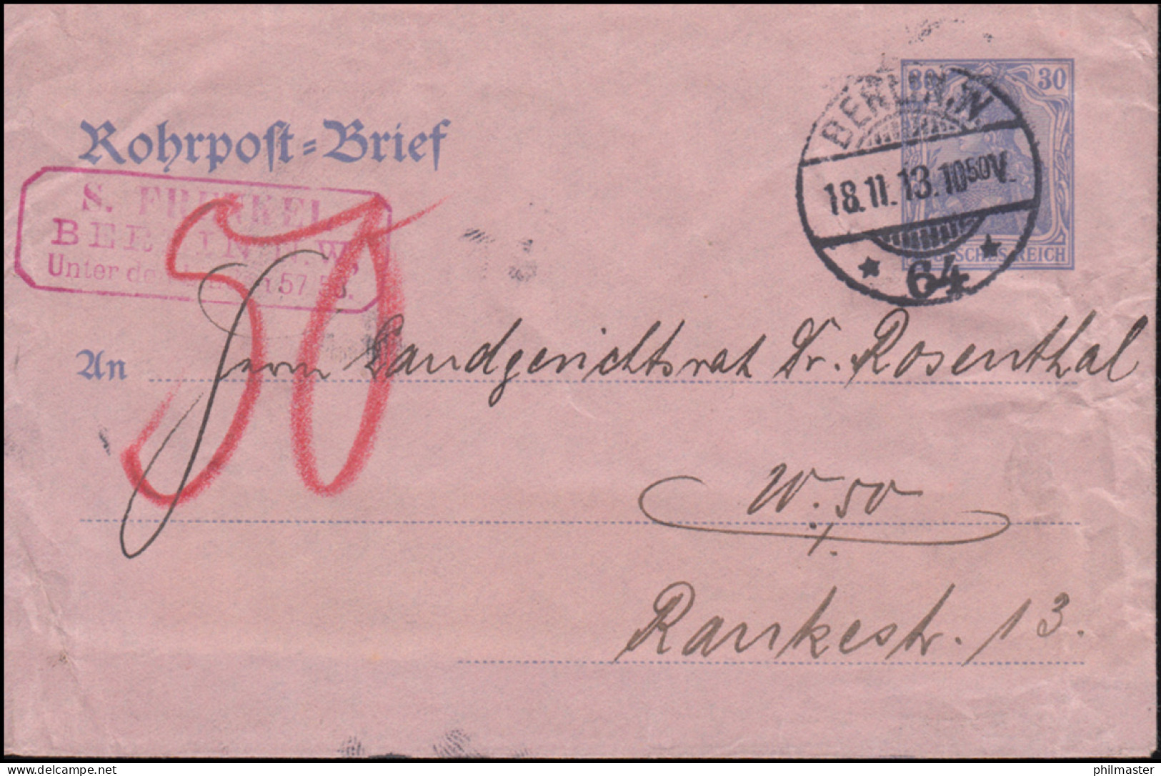 Rohrpostumschlag RU 6 Von BERLIN 64 - 18.11.1913 Nach BERLIN W 50 - 18.11.13 - Altri & Non Classificati