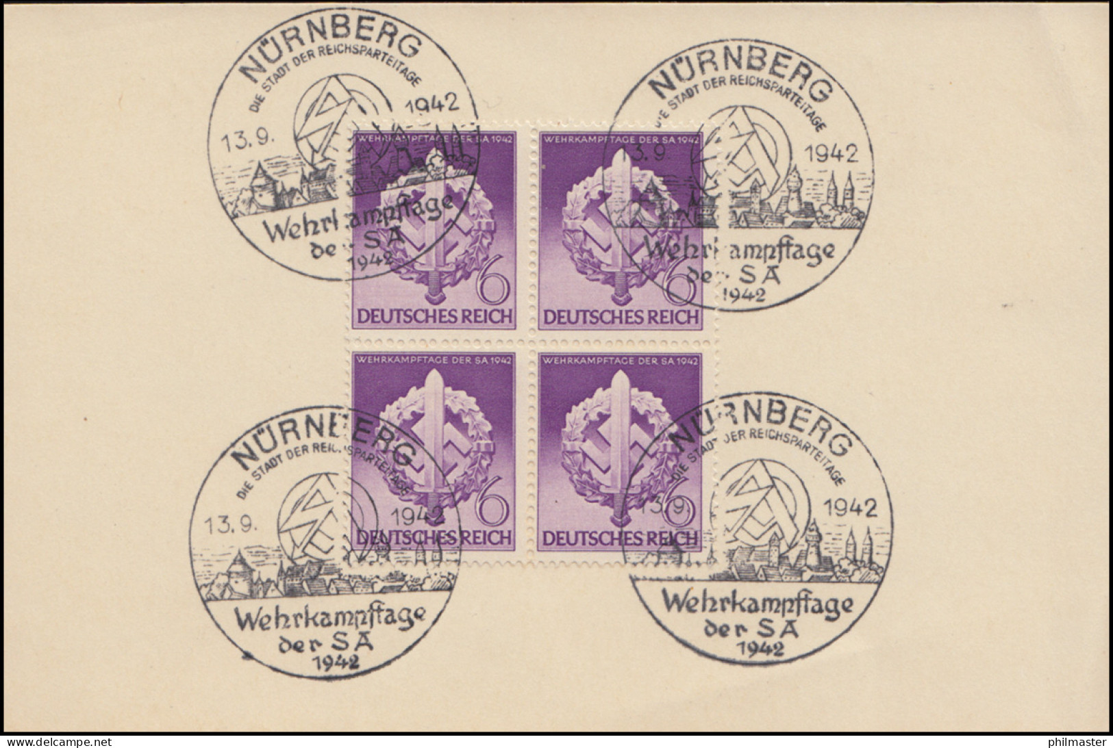 818 Wehrkampftage Als Viererblock Auf Stempelvorlage SSt NÜRNBERG 13.9.1942 - Used Stamps