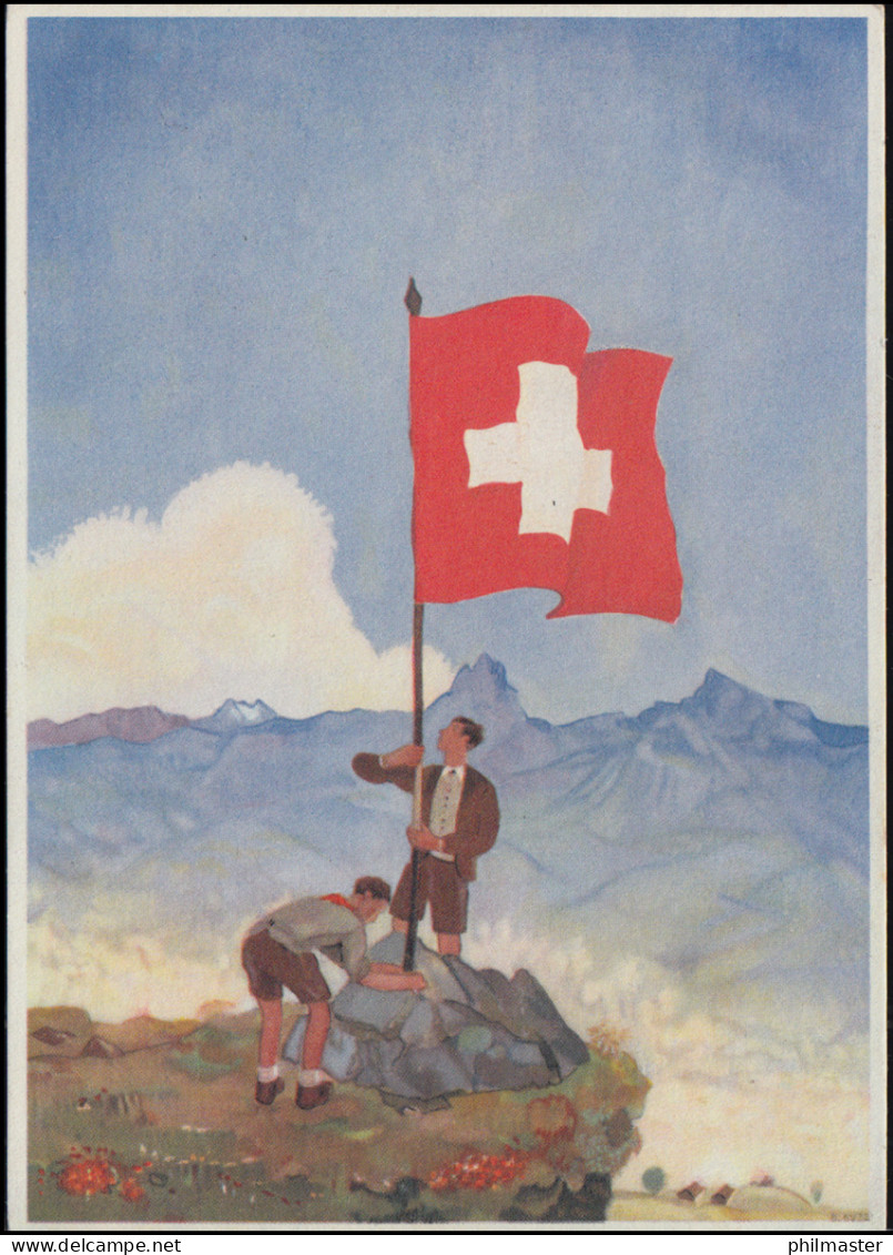 Schweiz: AK Jugendliche Hissen Flagge Auf Dem Berg - Für Notleidende Mütter 1939 - Autres & Non Classés